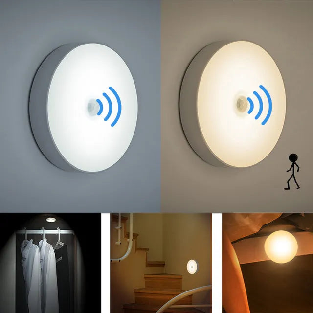 White circular LED motion night light with USB charging port, 86mm diameter, mounted with adhesive tape