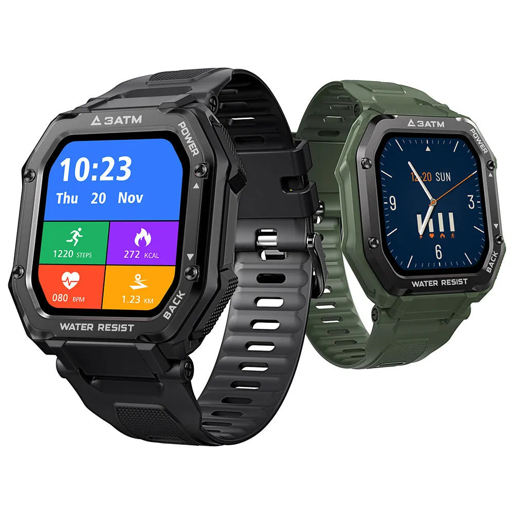 Outdoor Sports Rugged Smart Watch with 1.69-inch screen in Army Green colour on wrist
