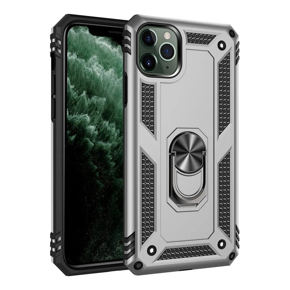 Dark green car phone holder case mounted, showing compatible iPhone models listed on packaging.