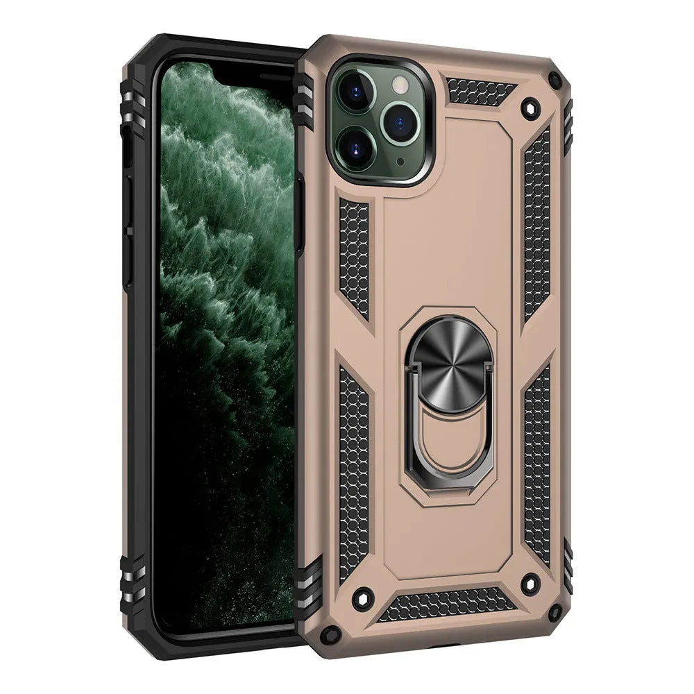 Dark green car phone holder case mounted, showing compatible iPhone models listed on packaging.