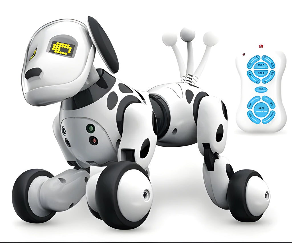 Smart robot dog toy with remote control on a table.