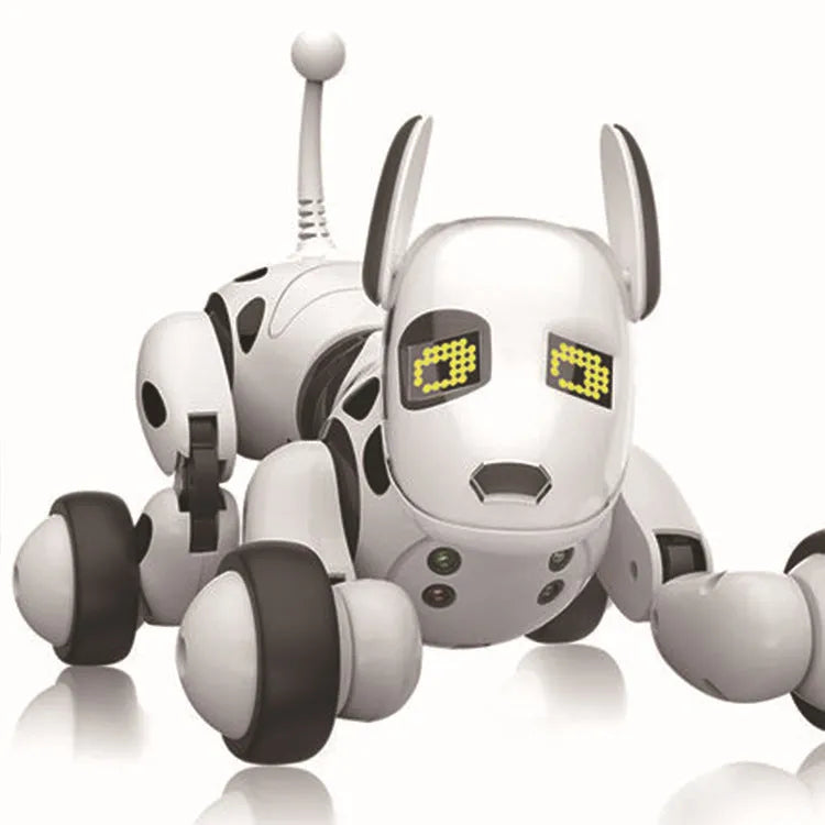 Smart robot dog toy with remote control on a table.