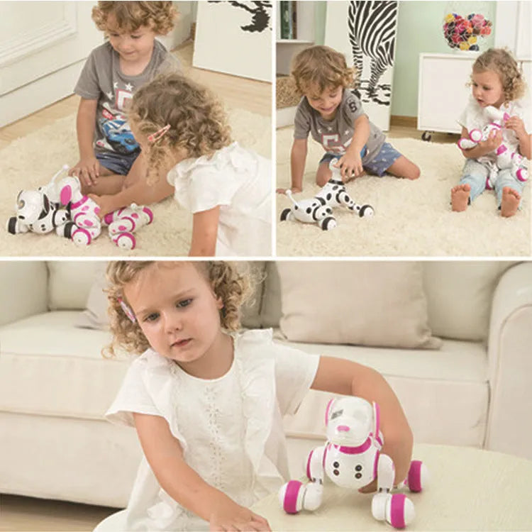 Smart robot dog toy with remote control on a table.