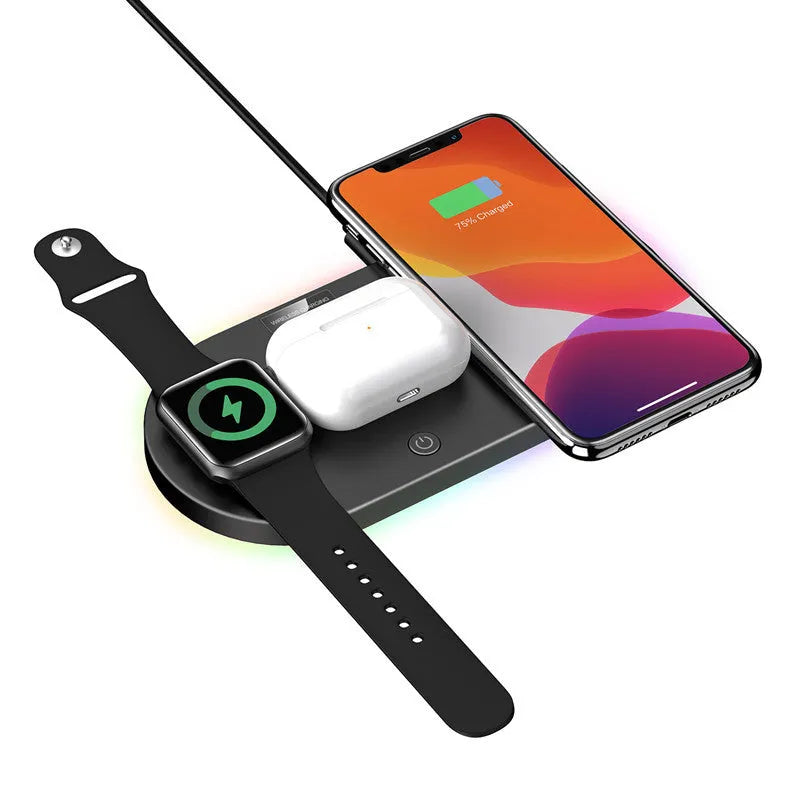 Black and white desktop wireless charger showing LED indicator lights and USB port