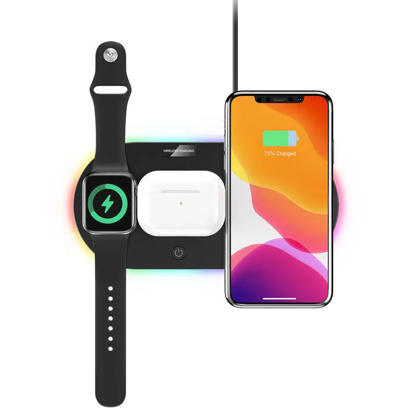 Black and white desktop wireless charger showing LED indicator lights and USB port