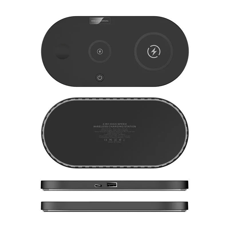 Black and white desktop wireless charger showing LED indicator lights and USB port