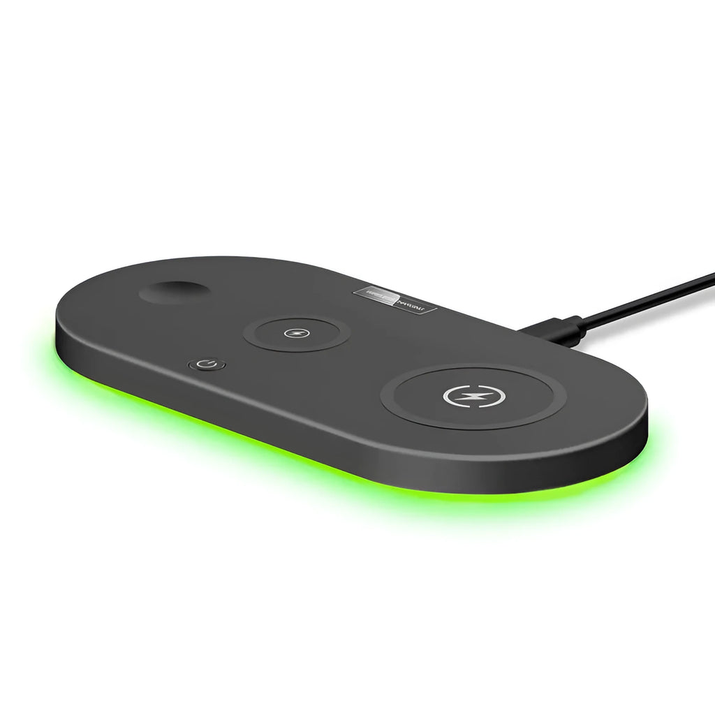 Black and white desktop wireless charger showing LED indicator lights and USB port