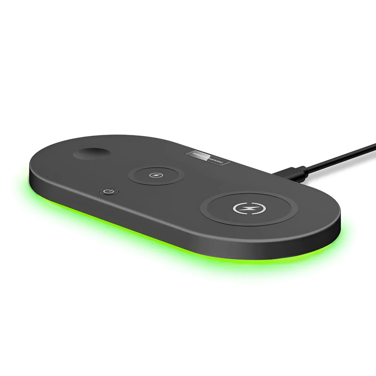 Black and white desktop wireless charger showing LED indicator lights and USB port