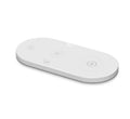 Black and white desktop wireless charger showing LED indicator lights and USB port