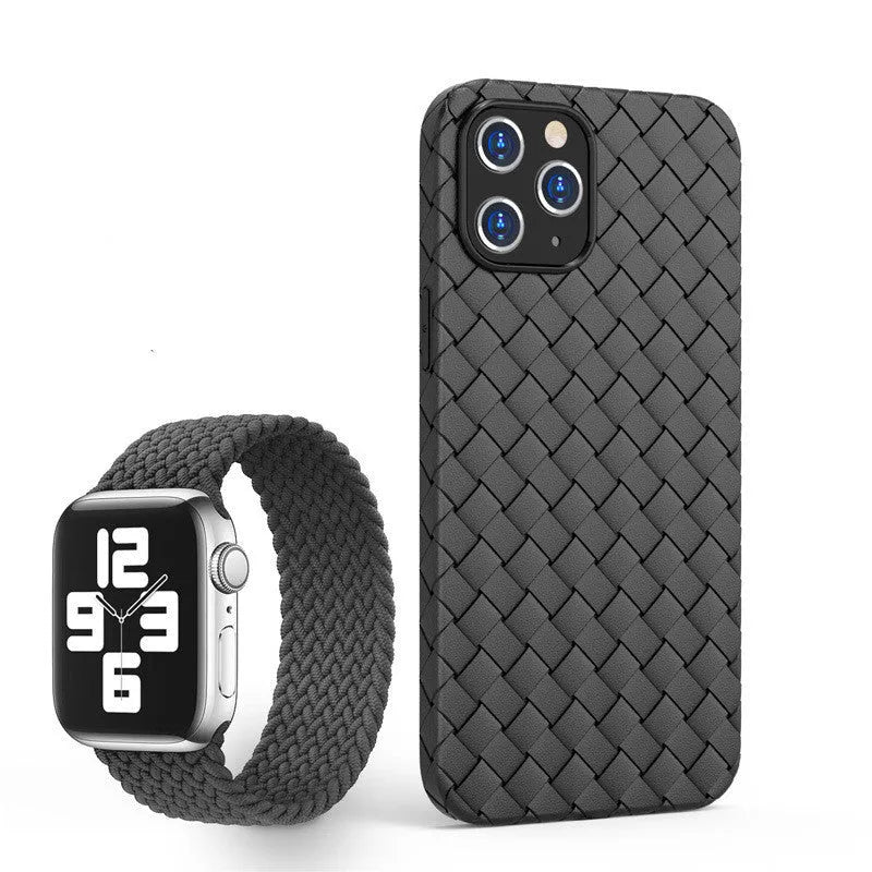 Woven texture soft TPU phone case for iPhone on a table, shown in grey solid colour.