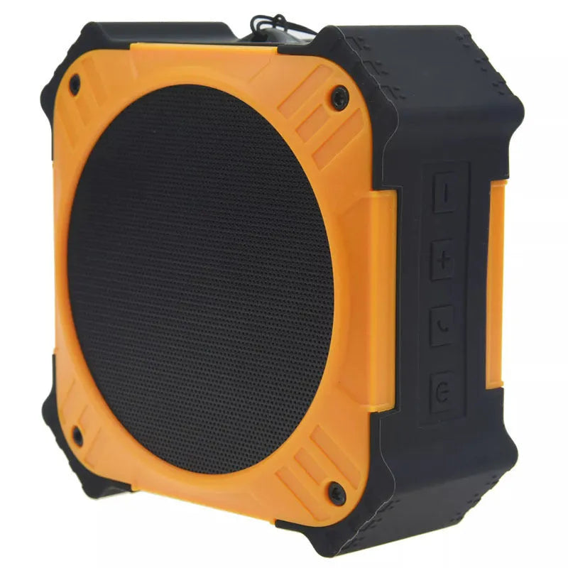 Black waterproof portable Bluetooth speaker showing compact 101x101x47mm dimensions with wrist strap attached