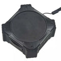 Black waterproof portable Bluetooth speaker showing compact 101x101x47mm dimensions with wrist strap attached