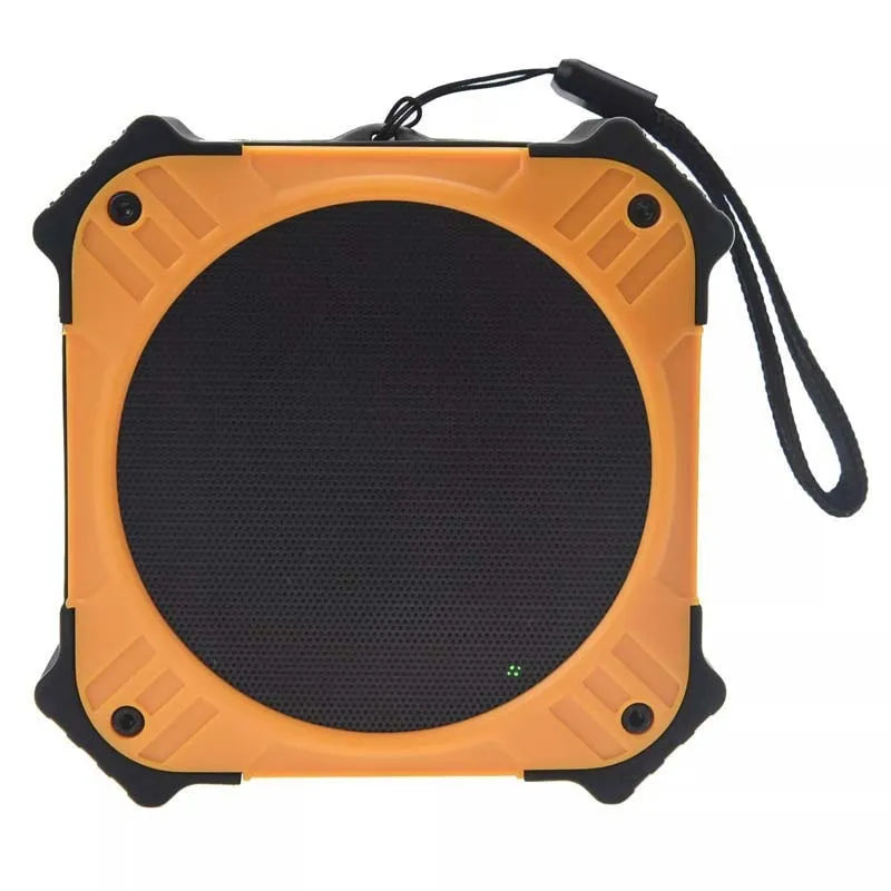 Black waterproof portable Bluetooth speaker showing compact 101x101x47mm dimensions with wrist strap attached