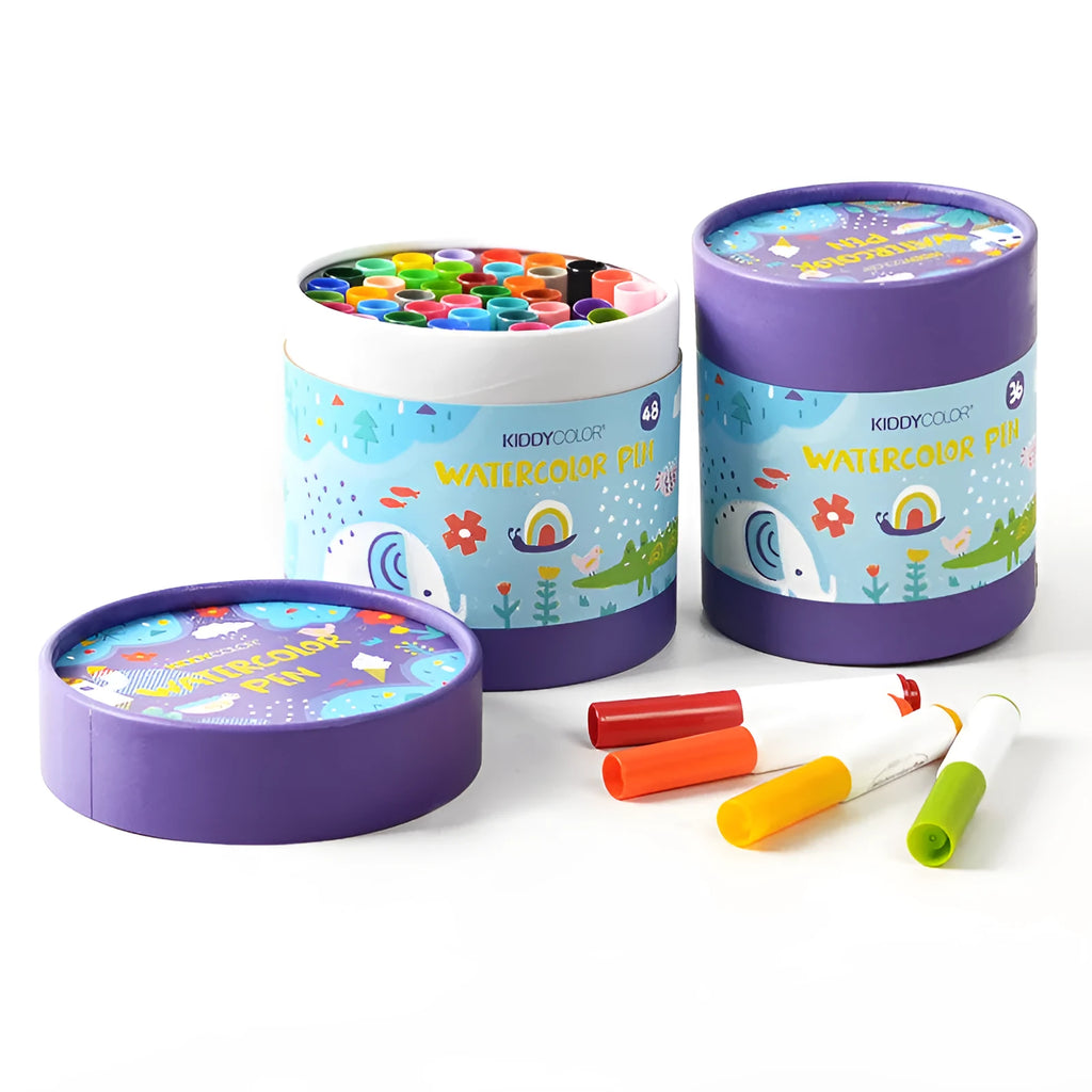 Children's plastic barrel watercolour pen set showing 36-colour and 48-colour washable options