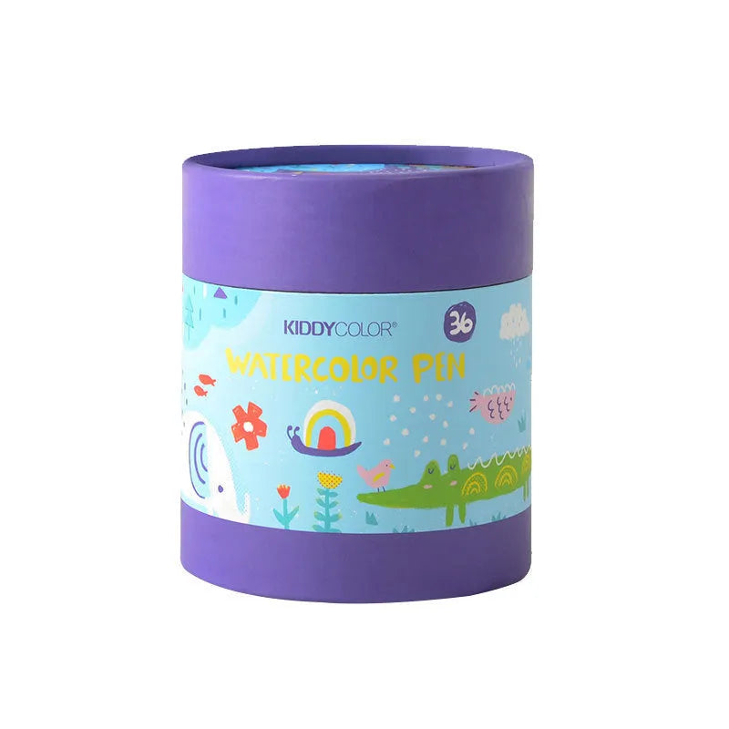 Children's plastic barrel watercolour pen set showing 36-colour and 48-colour washable options