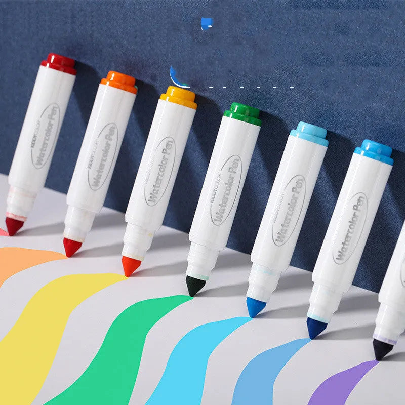 Children's plastic barrel watercolour pen set showing 36-colour and 48-colour washable options