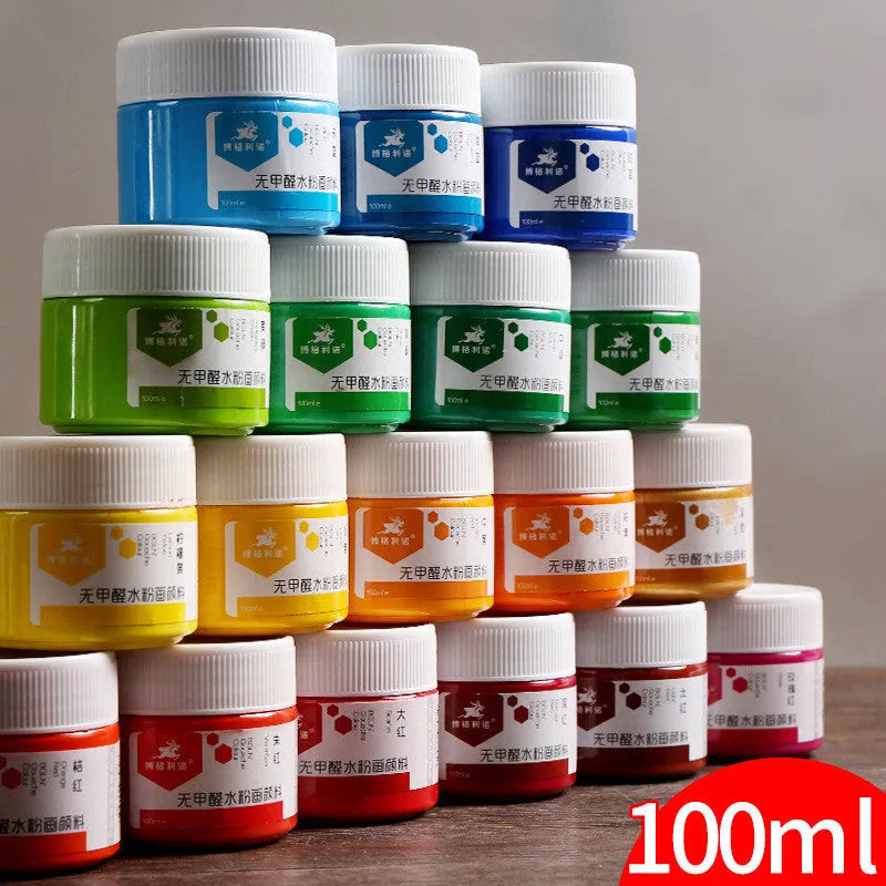 Eight bottled gouache paints in colours: black, blue, dark blue, orange, purple, red, sky blue, yellow, each 100g