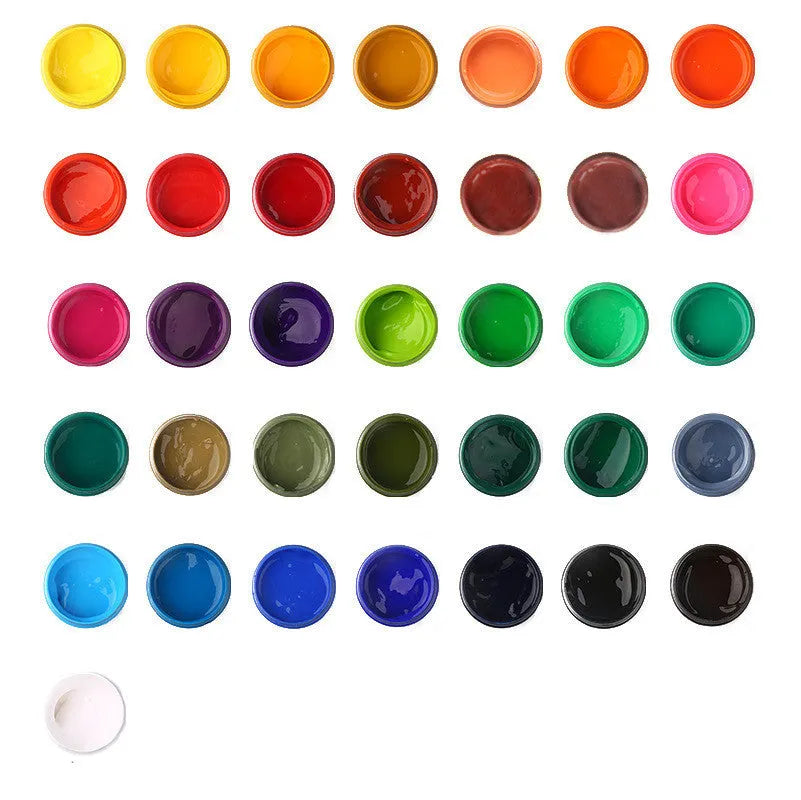 Eight bottled gouache paints in colours: black, blue, dark blue, orange, purple, red, sky blue, yellow, each 100g