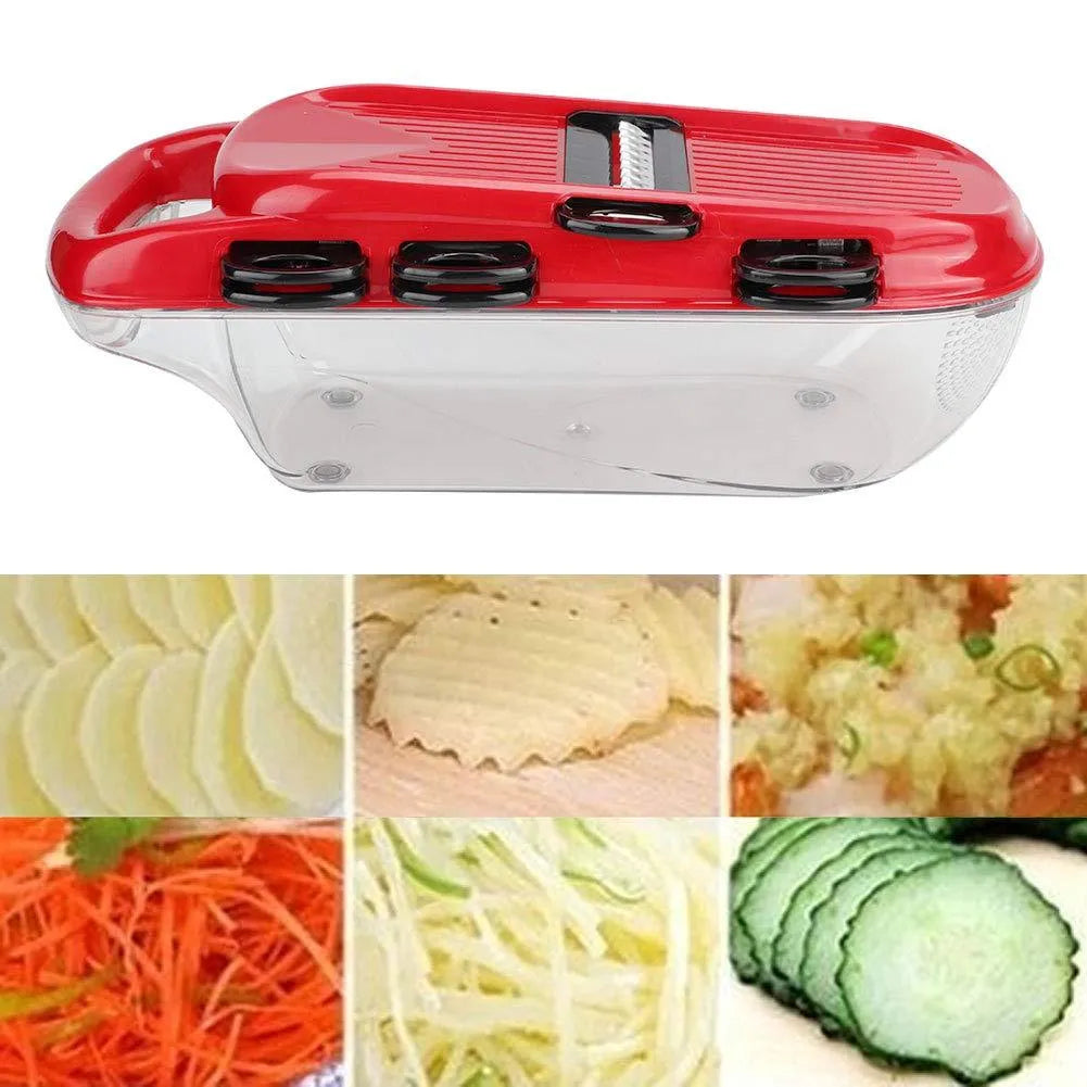 Red multi-function vegetable cutter with seven stainless steel blades and hand guard for safe slicing and dicing