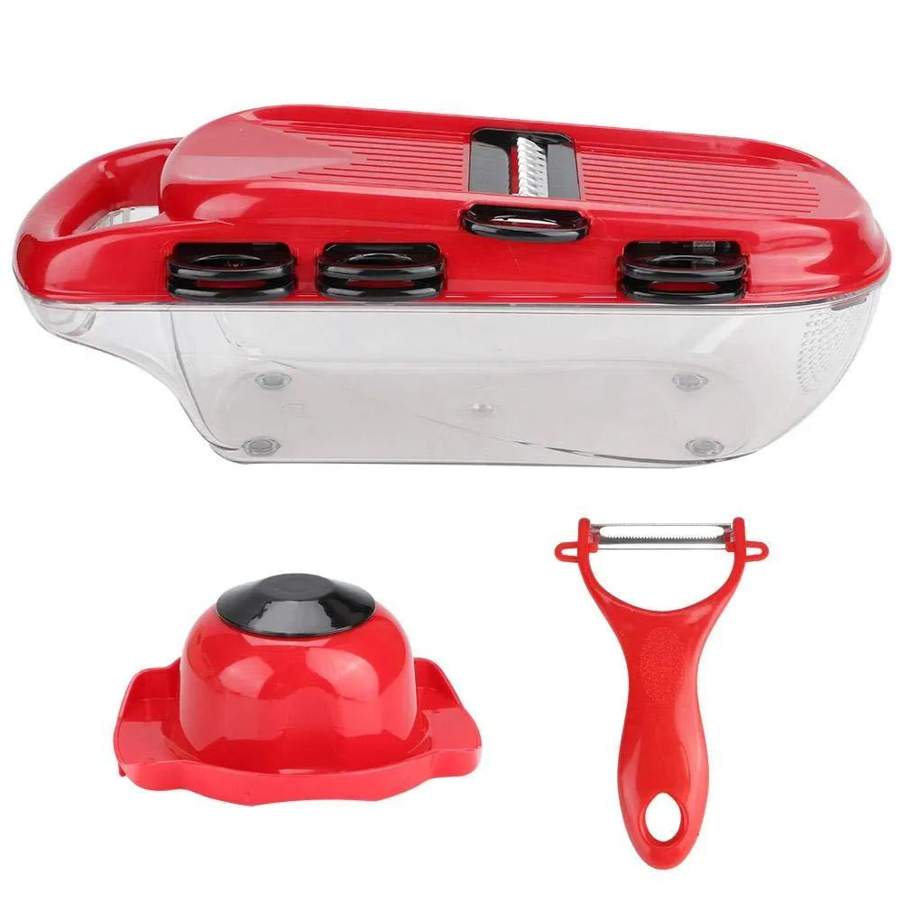 Red multi-function vegetable cutter with seven stainless steel blades and hand guard for safe slicing and dicing