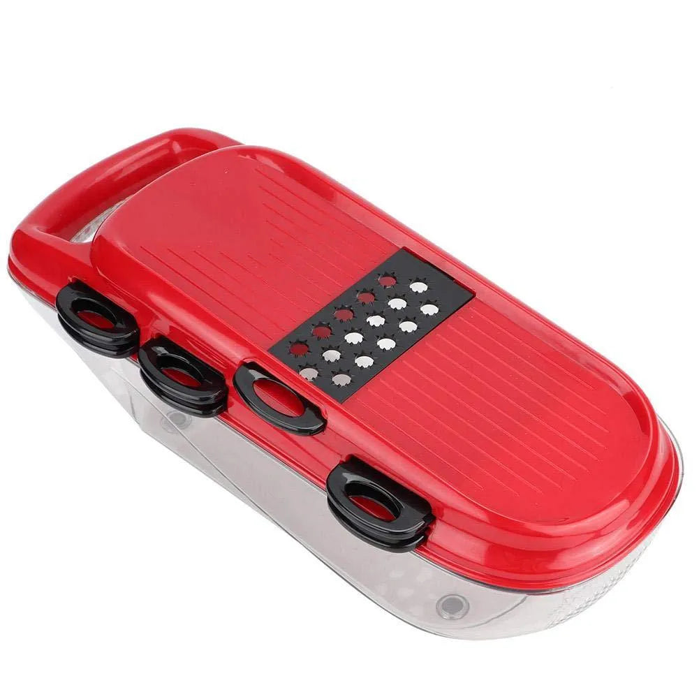 Red multi-function vegetable cutter with seven stainless steel blades and hand guard for safe slicing and dicing