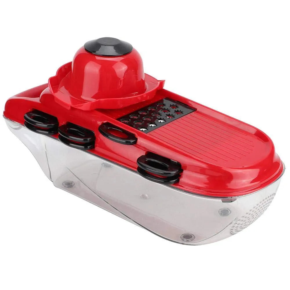 Red multi-function vegetable cutter with seven stainless steel blades and hand guard for safe slicing and dicing