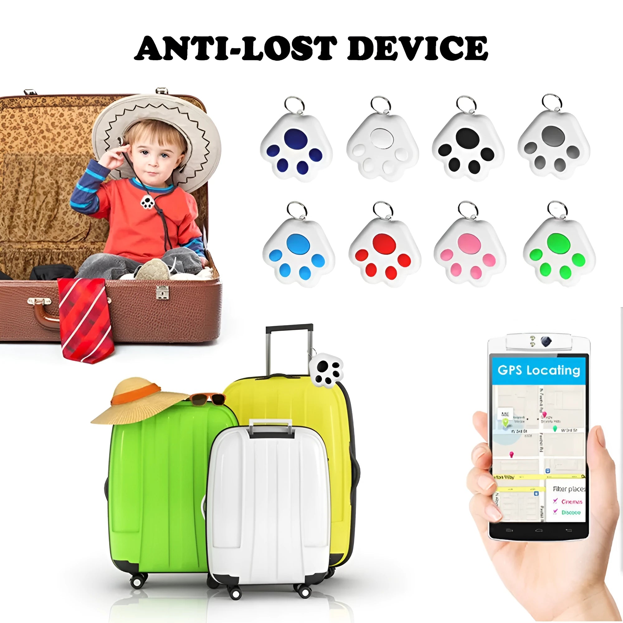 Small square Bluetooth anti-lost tracker device in multiple colours, shown with a dog collar for scale.