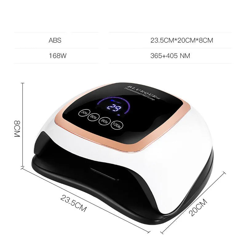 BLUEQUE V3 168W UV LED nail lamp with 42 gold wire beads, 23.5cm x 20cm x 8cm ABS plastic body, EU or US plug.