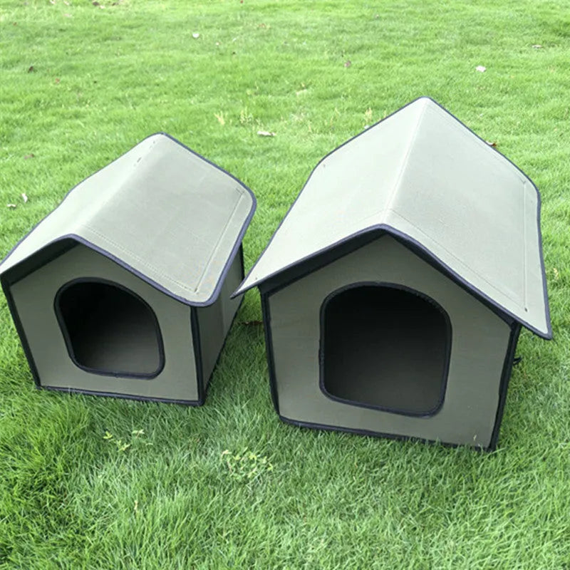 Grey medium waterproof foldable pet house with semi-enclosed cabin, windshield and removable mat