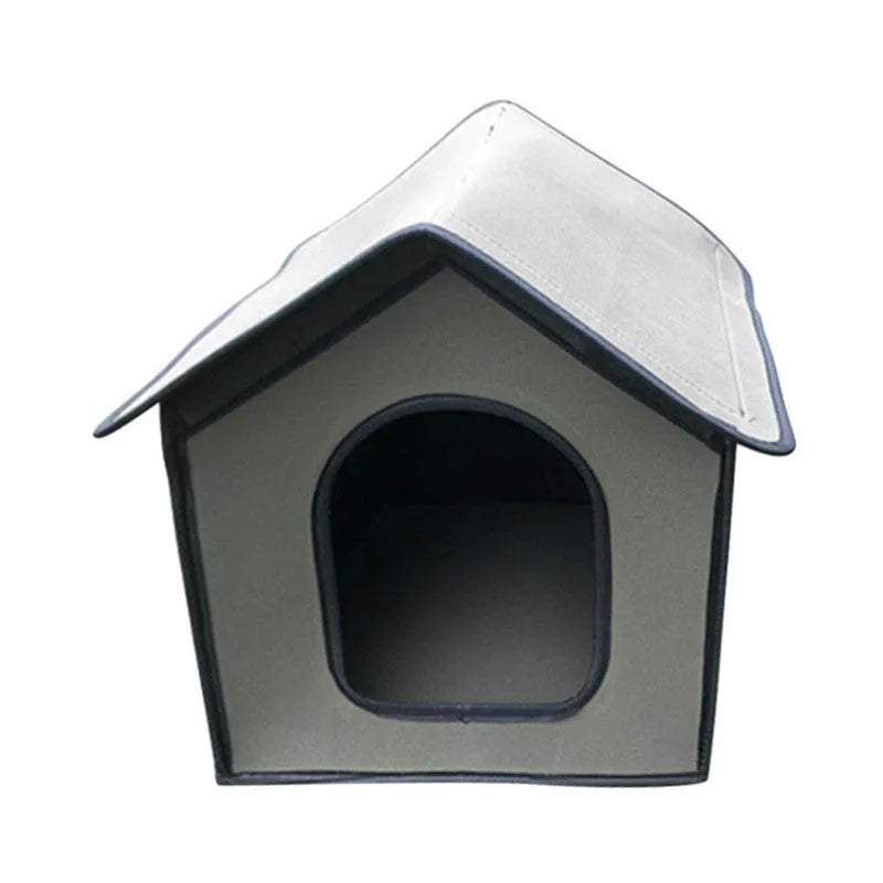 Grey medium waterproof foldable pet house with semi-enclosed cabin, windshield and removable mat