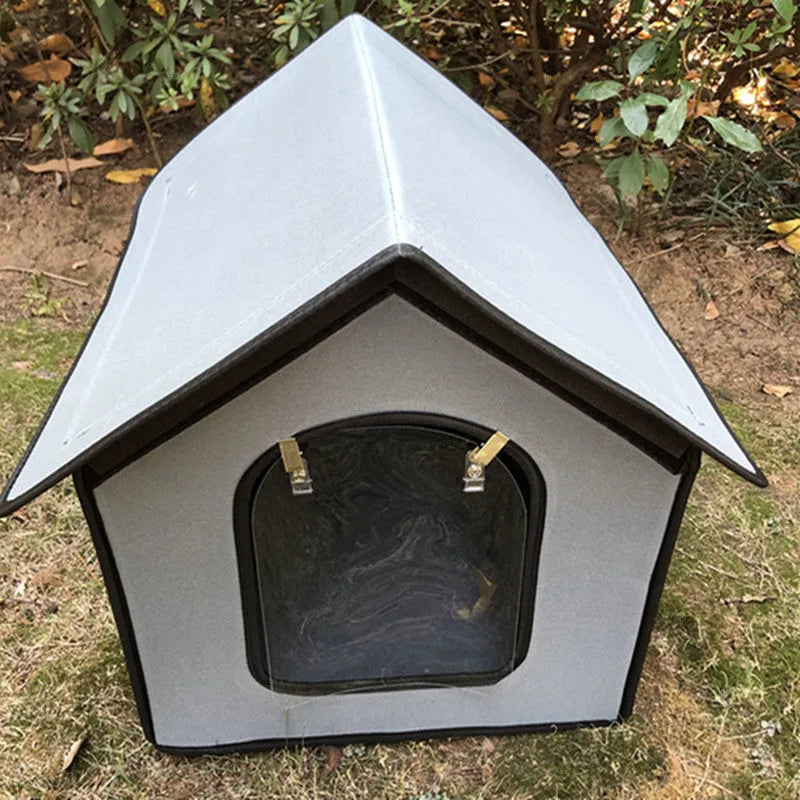 Grey medium waterproof foldable pet house with semi-enclosed cabin, windshield and removable mat