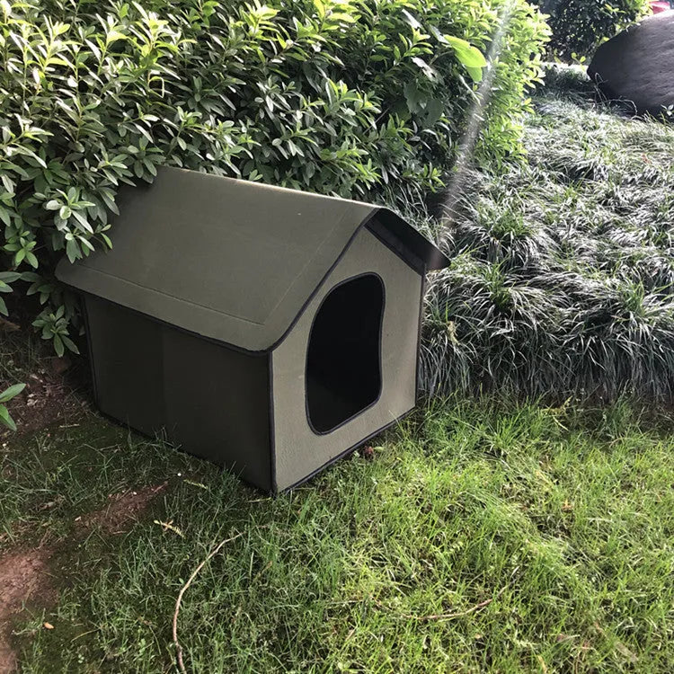 Grey medium waterproof foldable pet house with semi-enclosed cabin, windshield and removable mat