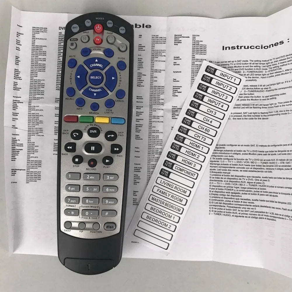 Black DISH Network universal remote control with flat design, compatible with code 20.1 for satellite receivers