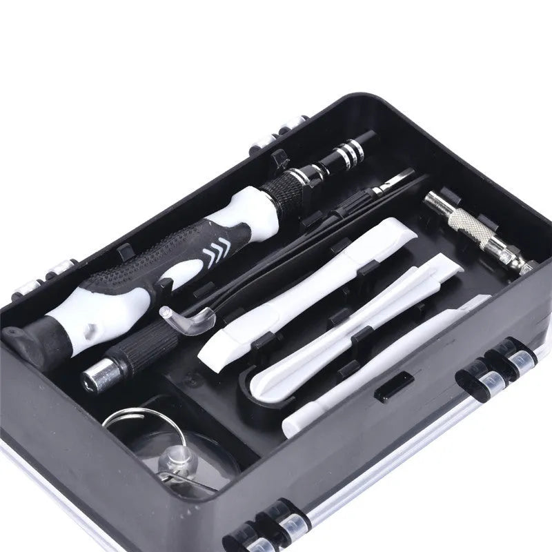 117 in 1 magnetic screwdriver set with bits and flexible extension rod for electronic repair.