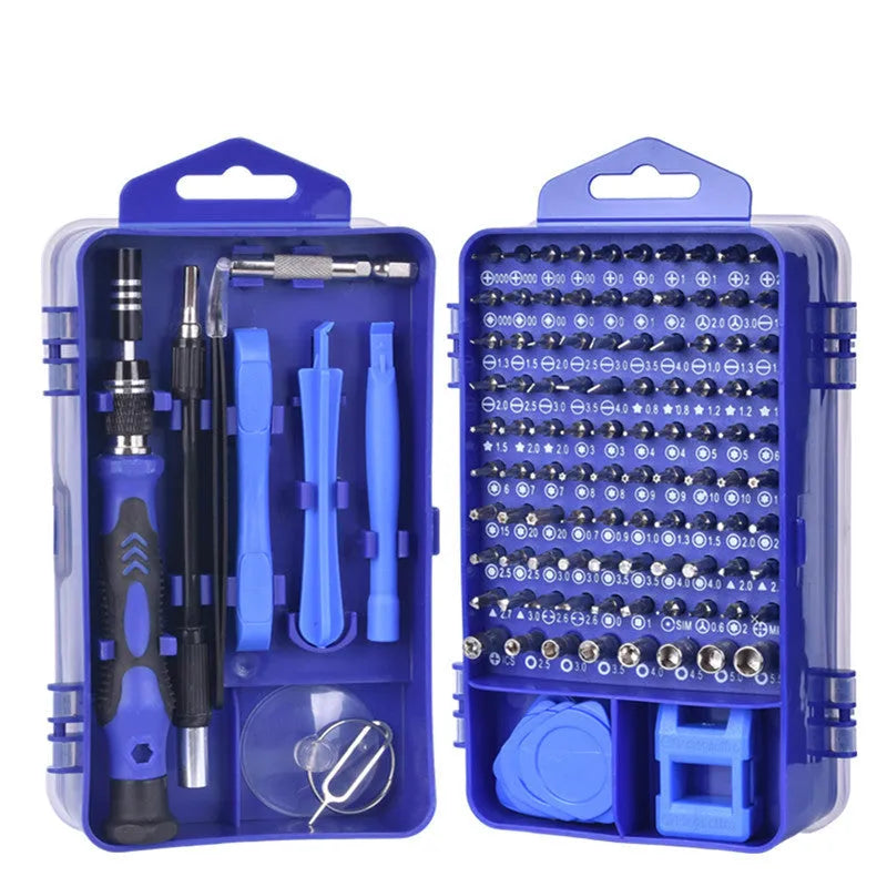 117 in 1 magnetic screwdriver set with bits and flexible extension rod for electronic repair.
