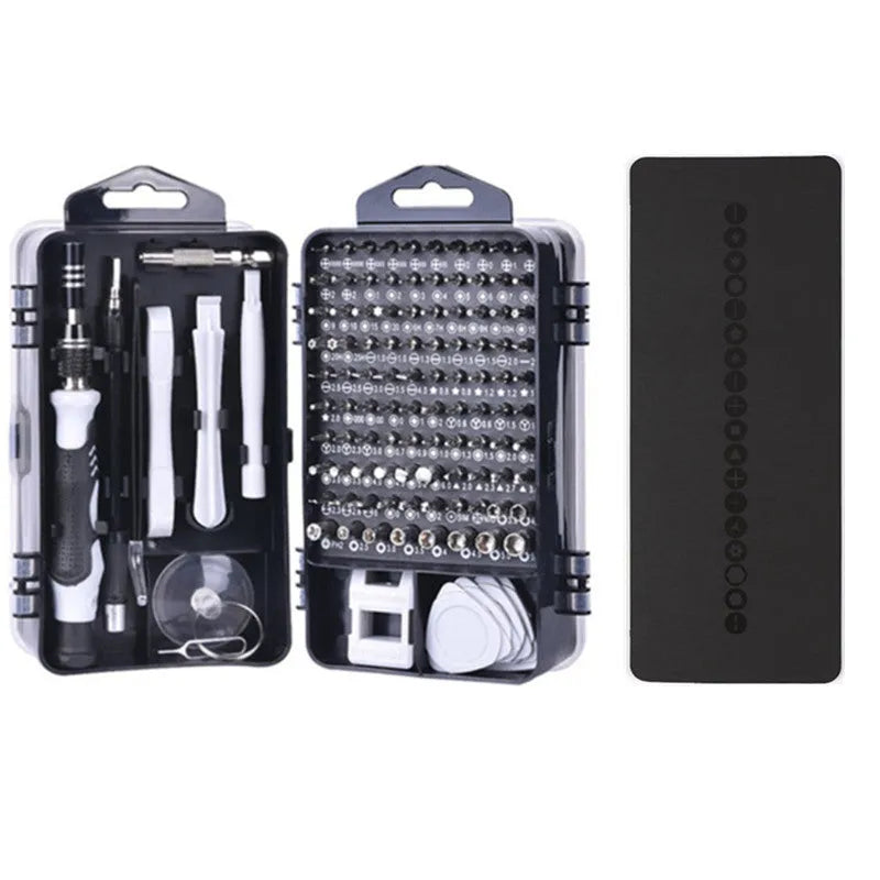 117 in 1 magnetic screwdriver set with bits and flexible extension rod for electronic repair.
