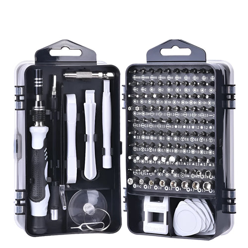 117 in 1 magnetic screwdriver set with bits and flexible extension rod for electronic repair.
