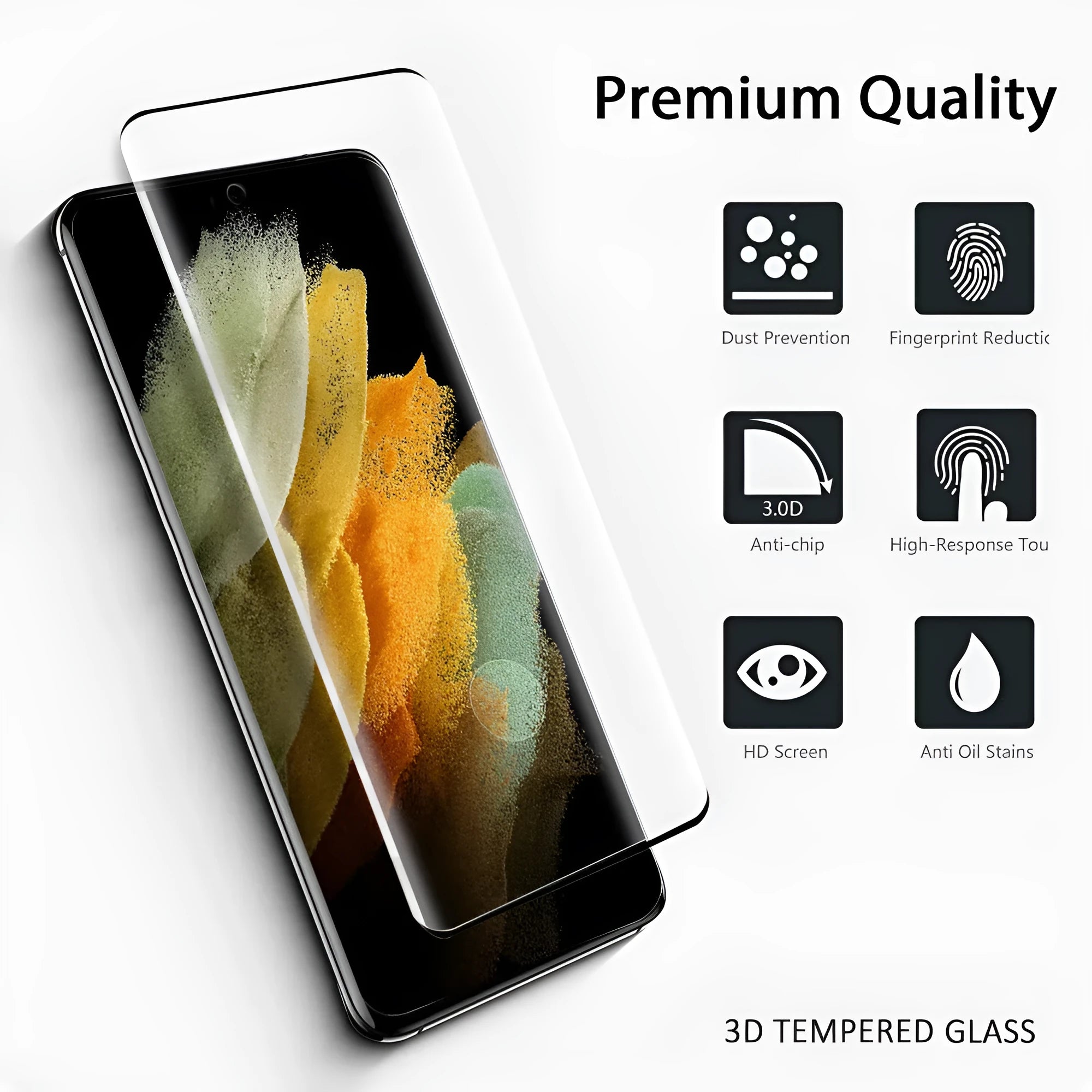 Samsung Galaxy S21 Ultra with clear tempered glass screen protector showing curved edge fit.