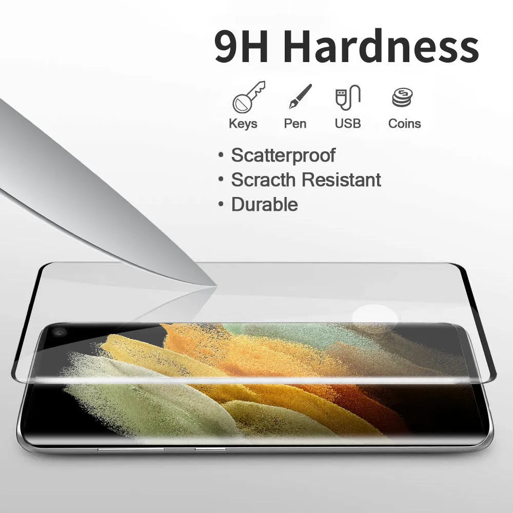 Samsung Galaxy S21 Ultra with clear tempered glass screen protector showing curved edge fit.