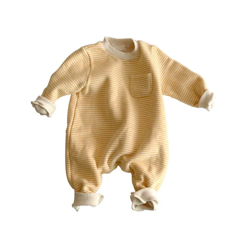 Striped cotton fleece baby jumpsuit with long sleeves and hidden buttons, shown in yellow and black.
