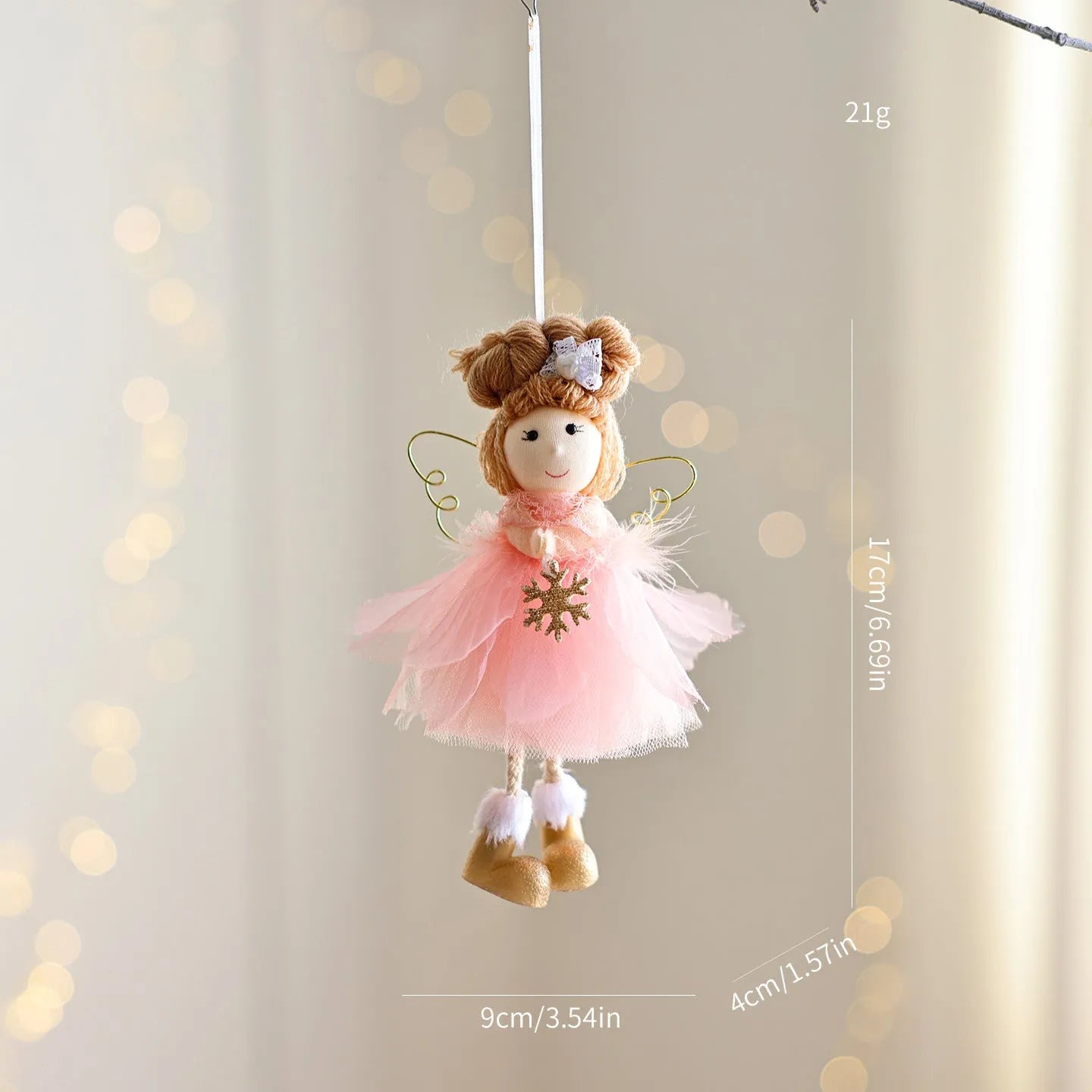 White Christmas tree ornament with mesh angel girl and snowflake pendant cartoon design