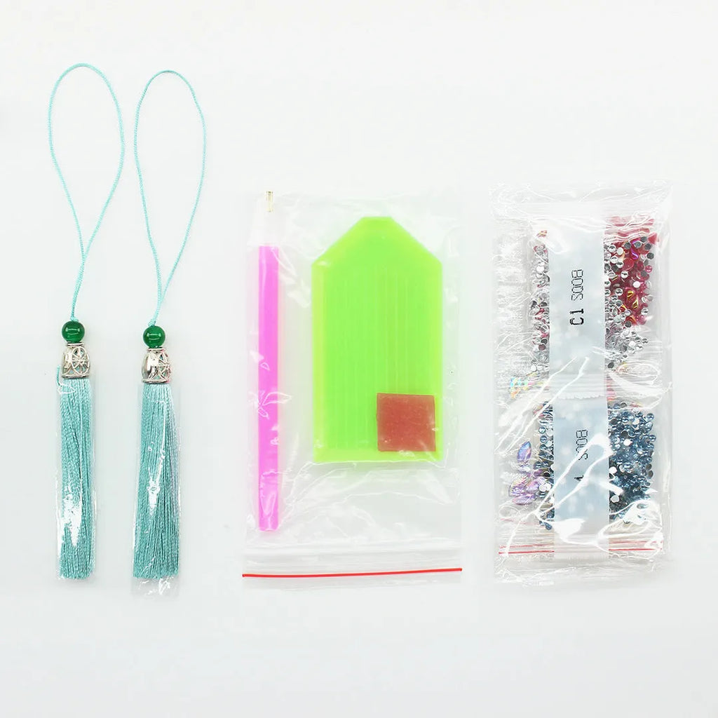 DIY 5D diamond painting bookmark kit with pendant measuring 6 by 21 centimetres