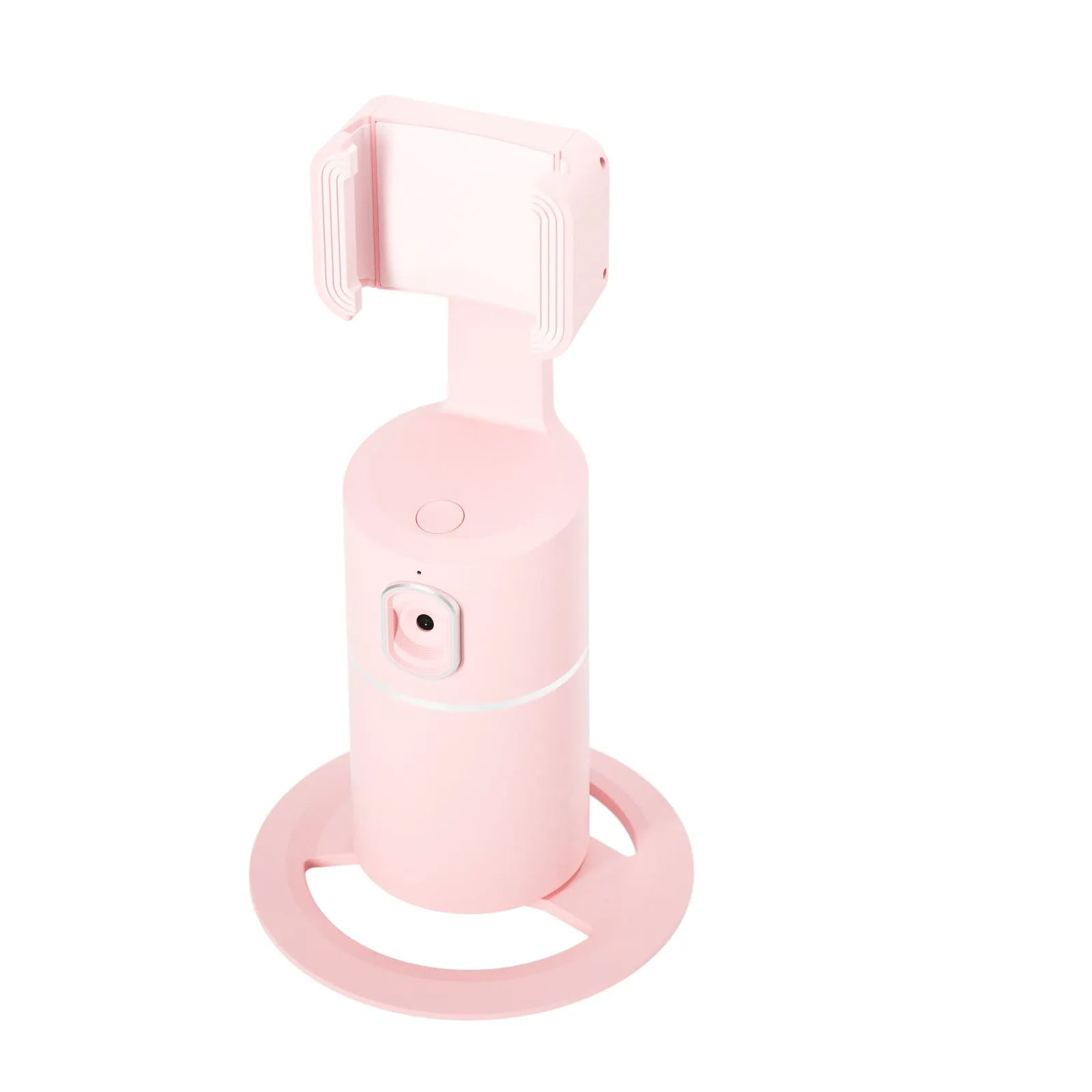 Black clip-on smartphone gimbal stabiliser showing 360-degree rotation mechanism and face-tracking sensor