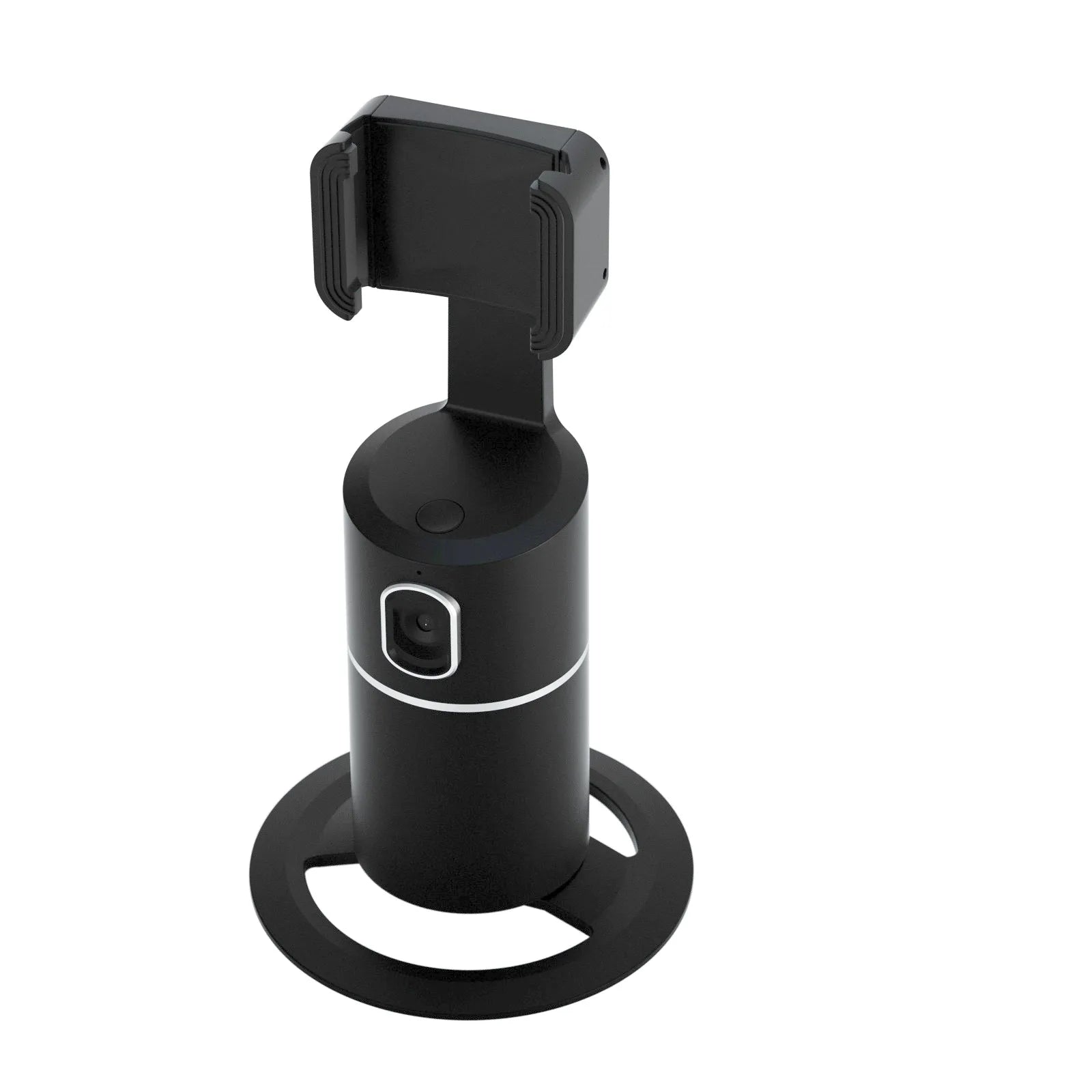 Black smartphone gimbal with clip mount showing 360-degree rotation capability