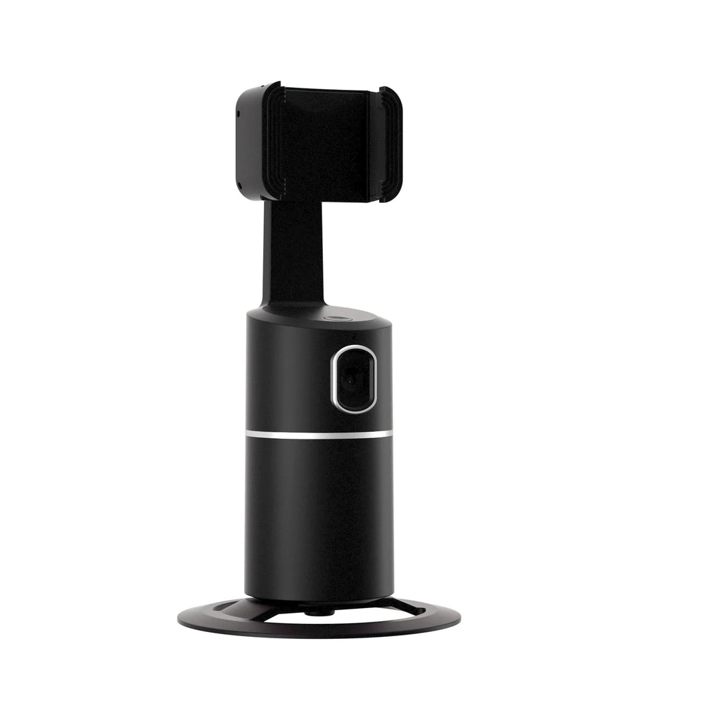Black clip-on smartphone gimbal stabiliser showing 360-degree rotation mechanism and face-tracking sensor