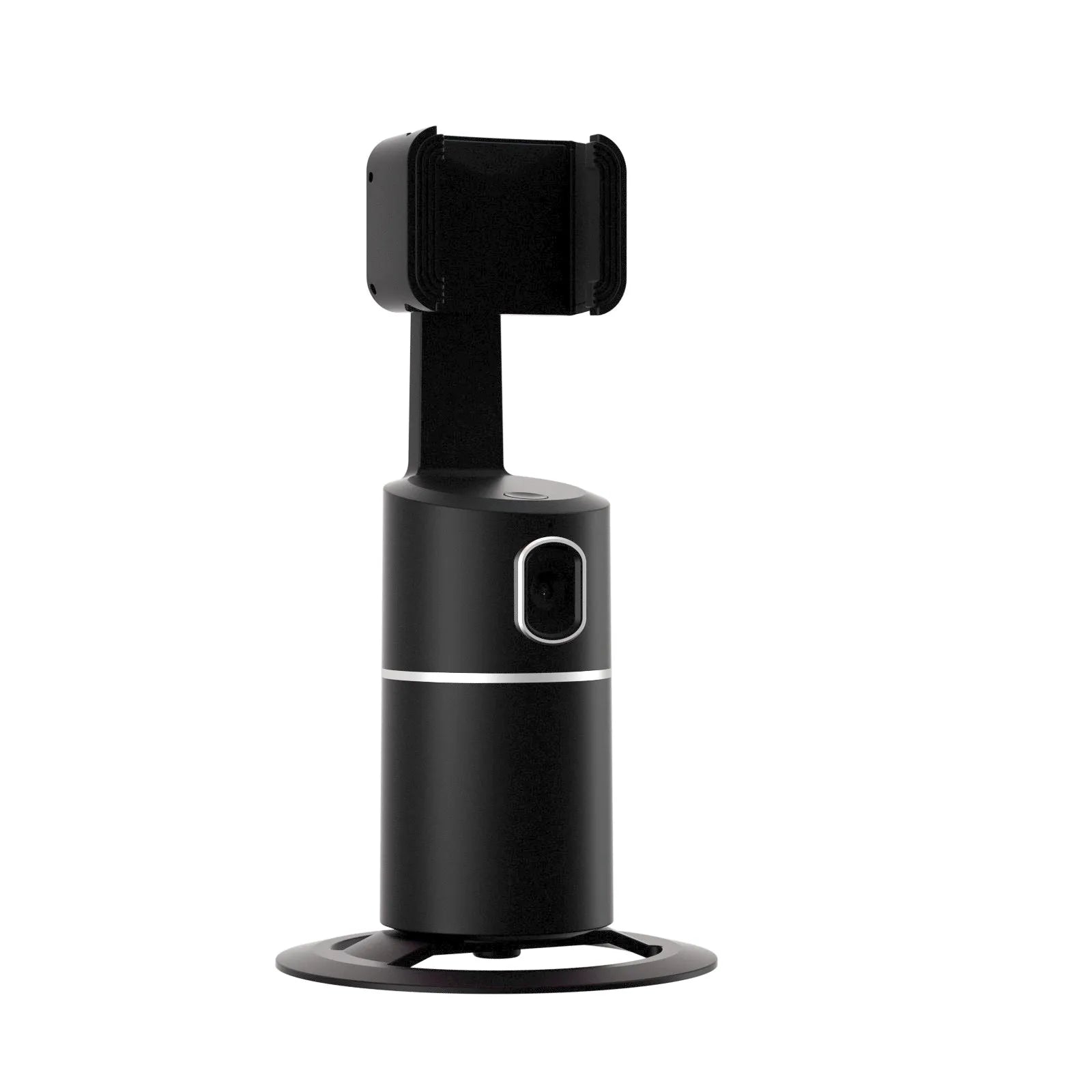 Black smartphone gimbal with clip mount showing 360-degree rotation capability