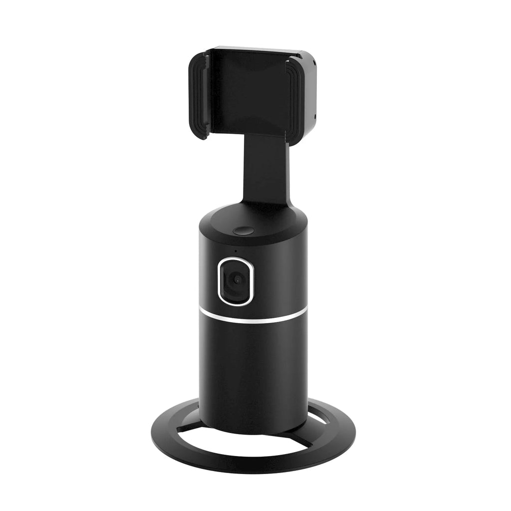 Black clip-on smartphone gimbal stabiliser showing 360-degree rotation mechanism and face-tracking sensor