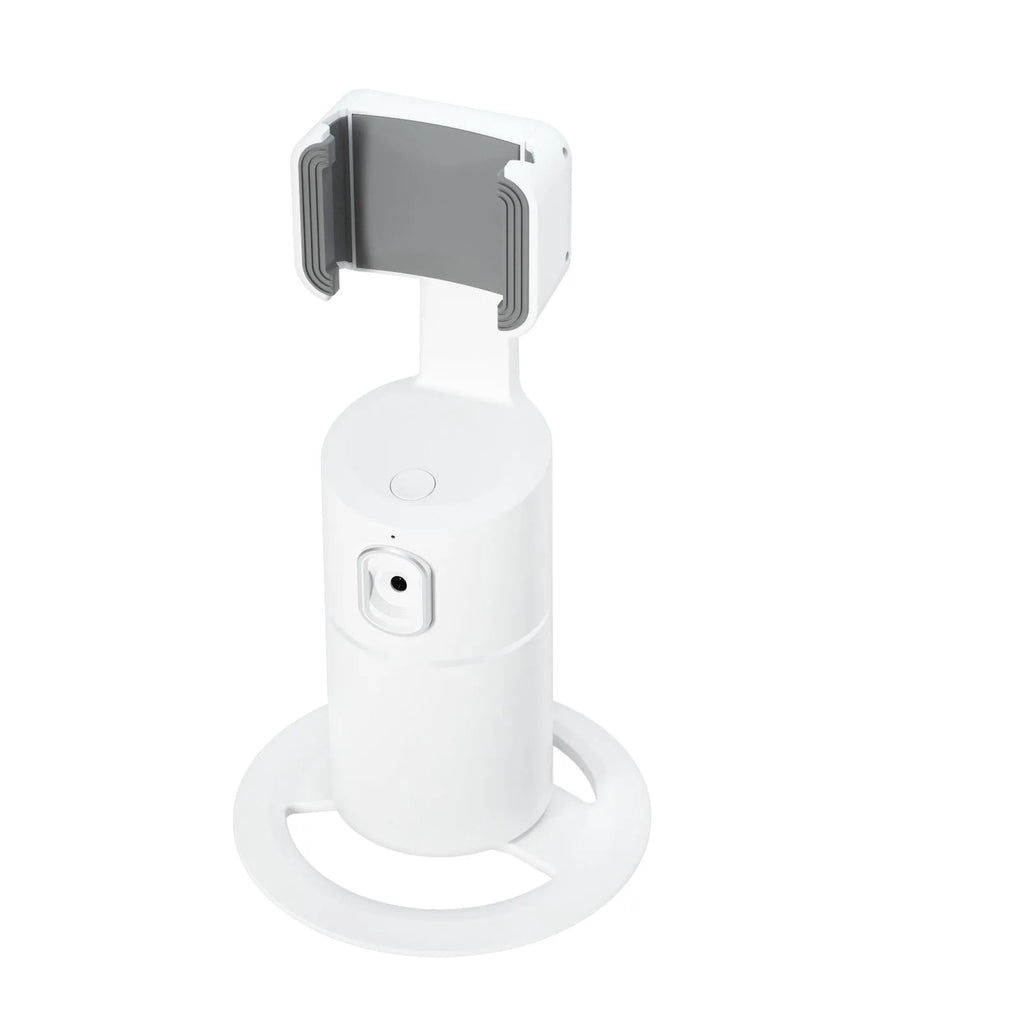 Black clip-on smartphone gimbal stabiliser showing 360-degree rotation mechanism and face-tracking sensor