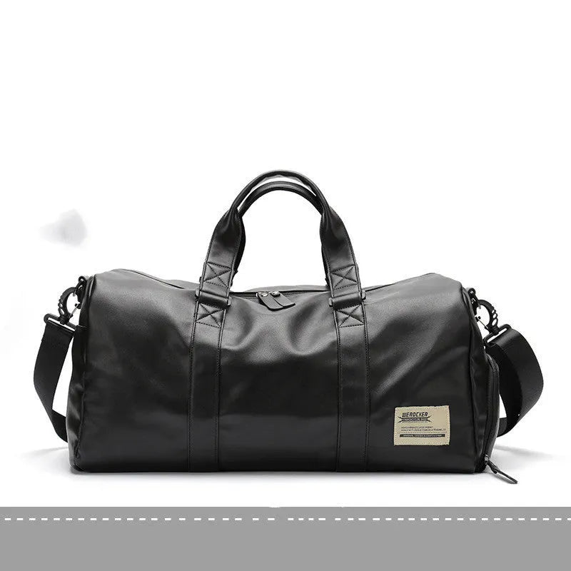 Large black PU leather sports training bag with multiple internal pockets, showing zipper opening and carry handle.