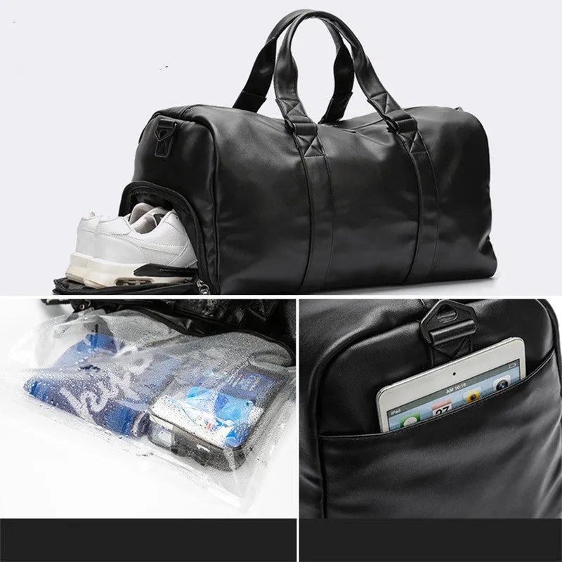 Large black PU leather sports training bag with multiple internal pockets, showing zipper opening and carry handle.